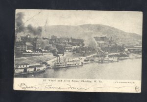 WHEELING WEST VIRGINIA RIVERBOAT STEAMER RIVER WHARF SCENE VINTAGE POSTCARD 1906