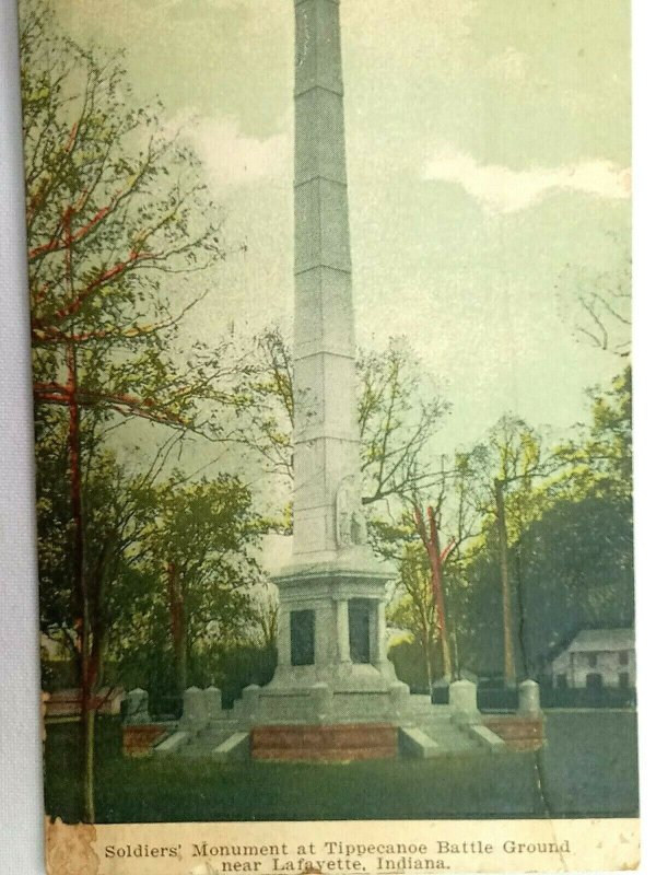 Vintage Postcard 1912 Soldiers Monument Tippecanoe Battle Ground Lafayette IN