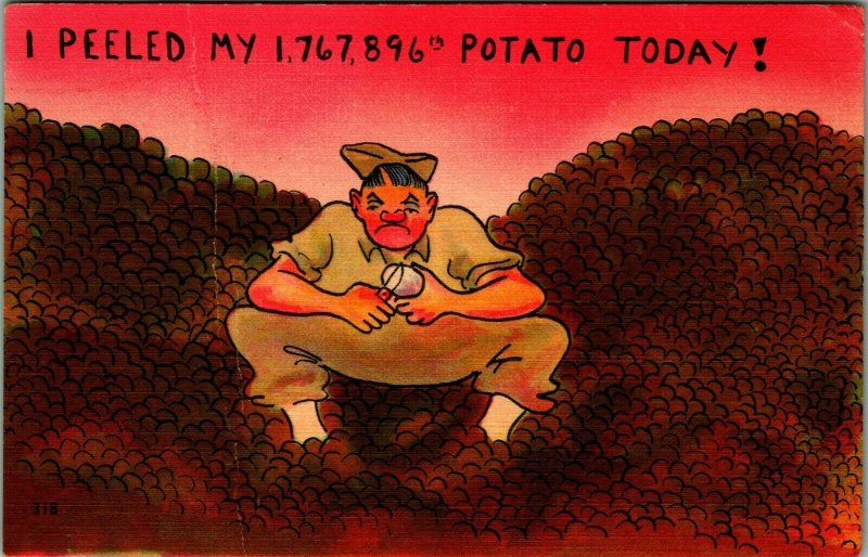 Military Comic Peeled My 1,767,896 Potato Today WWII Linen Postcard