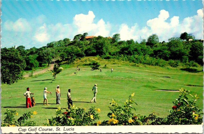 VINTAGE CONTINENTAL SIZE POSTCARD CAP GOLF COURSE ST. LUCIA + LOADED STAMPS