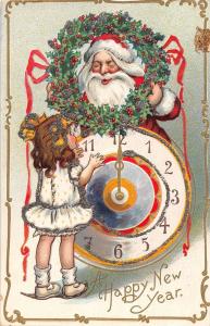 D92/ Santa Claus Merry Christmas Holiday Postcard Gassaway? c1910 Clock Girl 16