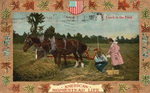 1909 American Homestead, Life Lunch in the Field Horses Artwork Vintage Postcard