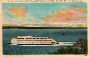 Puget Sound WA 319 M F Kalakala Ship Olympic Mountains Linen Vintage Postcard 