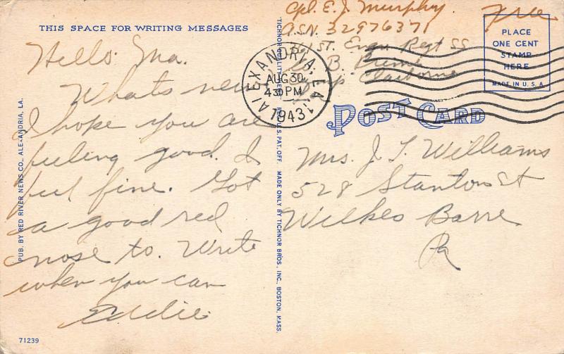 Hotel Bentley, Alexandria, Louisiana, Linen Postcard, Used, WWII Soldier's Mail