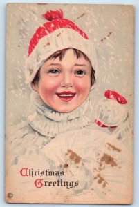 Christmas Postcard Greetings Cute Little Kid With Bonnet Snowball Winter Scene