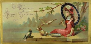 Victorian Christmas Trade Card Girl Parasol Stone Balcony Doves Eating &X