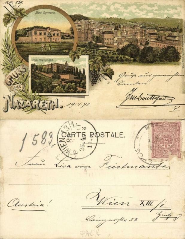 ottoman palestine israel, NAZARETH, Multiview, Hotel Germania, Orphanage (1898)