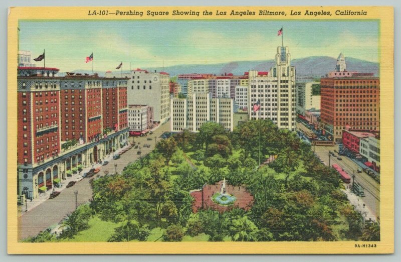 Los Angeles California~Birdseye Pershing Square~1940s Linen Postcard
