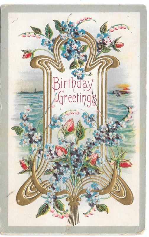 Birthday Greetings Roses Forget Me Nots Vintage Postcard