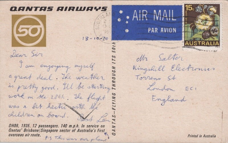 Australia DH86 Qantas Brisbana Singapore Sector Aircraft Vintage Postcard 09.96 