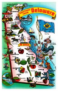 Postcard State Map - Delaware - map state flag flower bird factoids