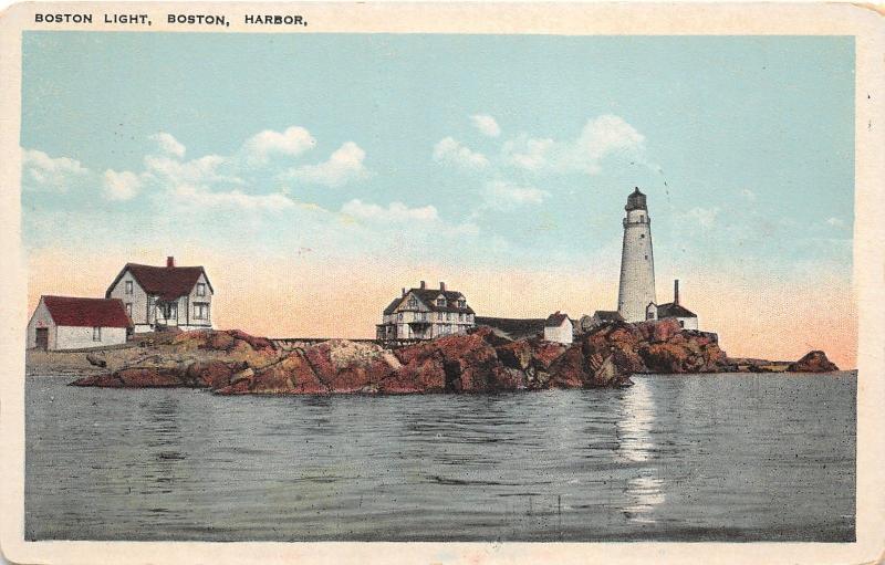 Boston Massachusetts~Boston Light House along Harbor~1920s Postcard