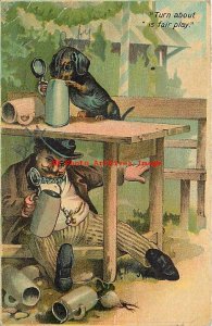 Comic, Drunk Man & Dachshund Drinking Mugs of Beer, Turn about is Fair Play