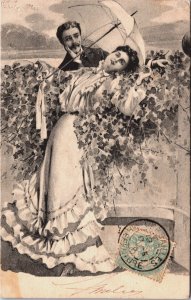 Beautiful Glamour Romantic Couple With Umbrella Vintage Postcard C112