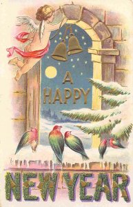 Happy New Year Greeting Bells Birds Arch 1910c postcard