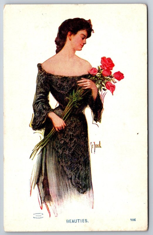 Artist St John~”Beauties”~Beautiful Lady In Off-Shoulder Gown Holding Red Roses