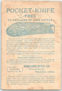 1894 Toledo, OH Woolson Spice Free Pocket Knife Trade Card Lion's Coffee Vtg C28