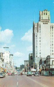 Flint MI Saginaw Street National Bank Busy Street Scene Old Cars Postcard