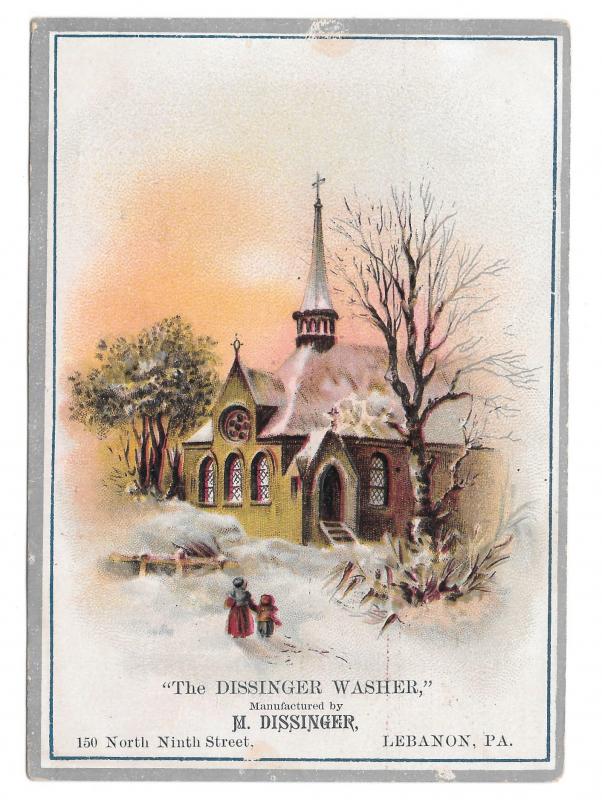 Victorian Trade Card Dissinger Washer Lebanon PA Winter Scene Church Embossed
