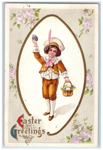 c1910's Easter Greetings Little Boy Basket Eggs Flowers Embossed Posted Postcard 