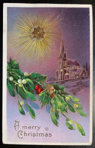 Vintage Victorian Postcard 1912 A Merry Christmas - Holly & Gold Chapel