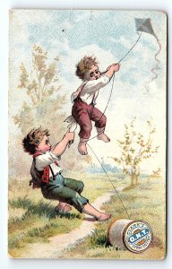 c1880 CLARK'S SPOOL COTTON YOUNG BOYS KITE NEWARK VICTORIAN TRADE CARD P1965