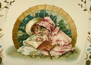 c.1890s Victorian Trade Card Lovely Girls Reading Book Dress Bonnet