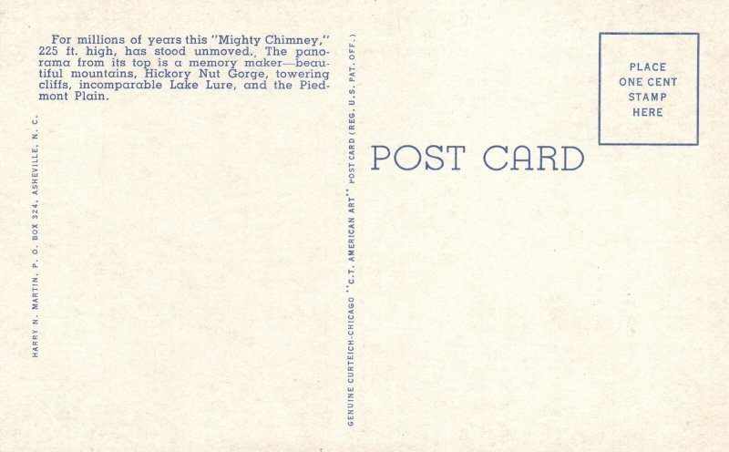 Vintage Postcard 1920's Chimney Rock Land of the Sky Western North Carolina N.C.