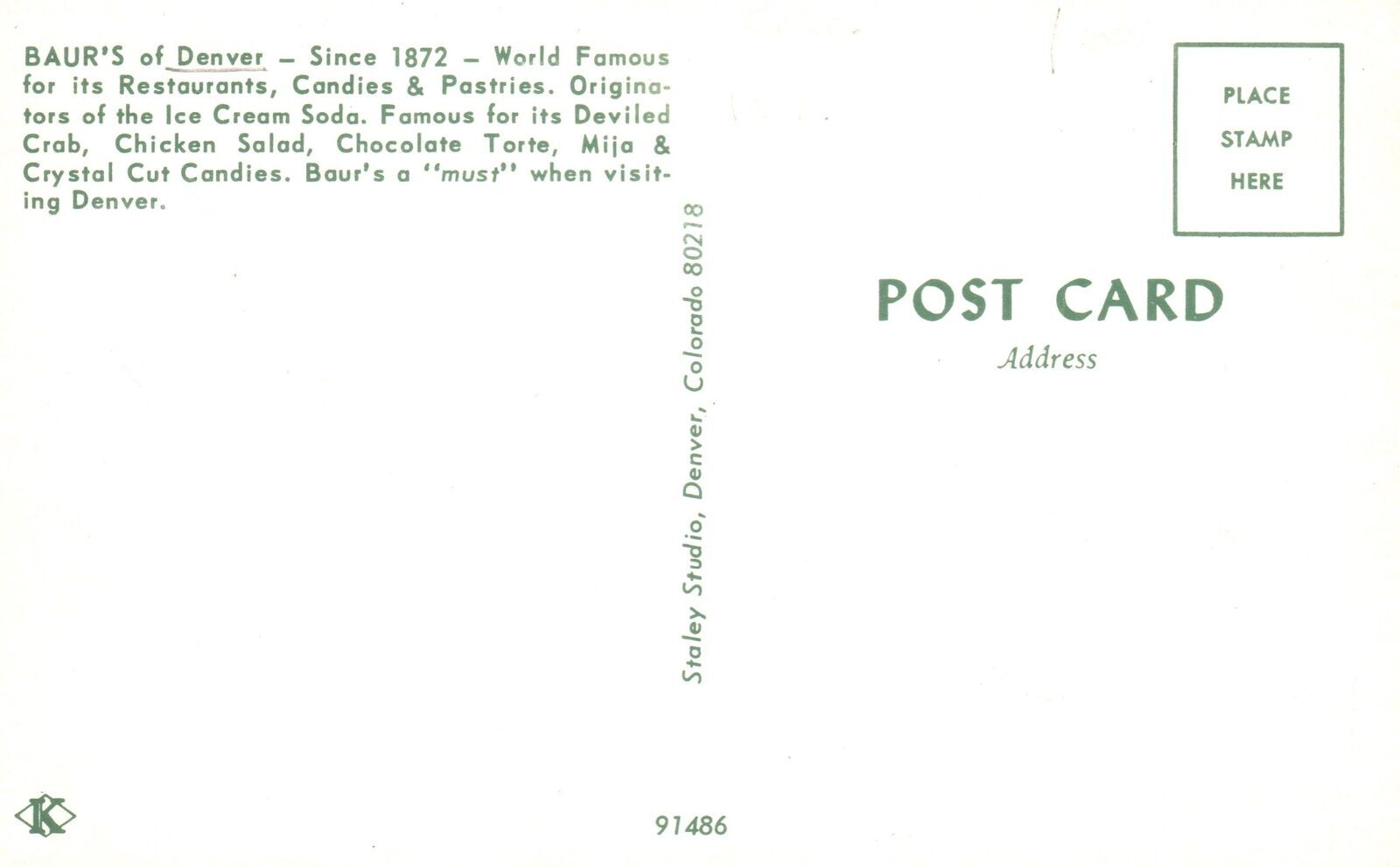 Vintage Postcard Baur's Restaurants Candies & Pastries Company Denver