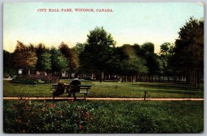 Postcard Windsor Ontario c1910s City Hall Park Scenic Park Bench Essex County