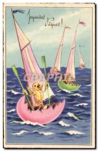 Old Postcard Happy Easter Chicks Egg Boat