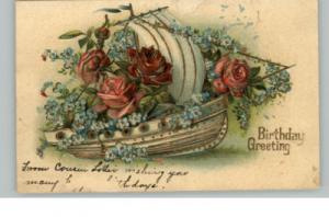 Birthday Embossed Rose Gilt Sailboat c1910 Postcard