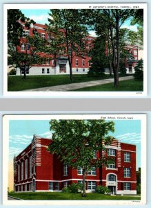 2 Postcards CARROLL, Iowa IA ~ High School ST. ANTHONY'S HOSPITAL c1930s-40s