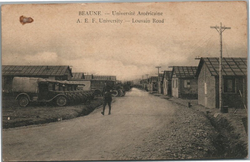 AMERICAN ARMY TRUCKS in FRANCE BEAUNE UNIVERSITE AMERICAINE ANTIQUE POSTCARD