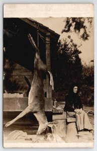 RPPC Woman On Porch Strung Up Dead Deer And Hound Dog Real Photo Postcard B32