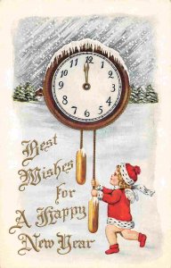 Happy New Year Greetings Little Girl Clock 1910c postcard