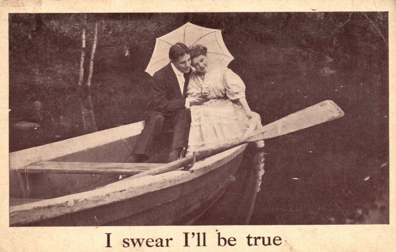 Vintage Postcard 1909 Lovers Couple In Boat Adventure Umbrella Romance Dating