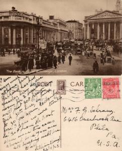 LONDON UK BANK & ROYAL EXCHANGE VINTAGE 1923 REAL PHOTO POSTCARD RPPC w/ STAMPS