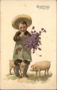 Greetings Little Boy in Hat with Piglets Embossed c1910 Vintage Postcard