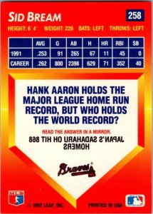 1992 Donruss Baseball Card Sid Bream Atlanta Braves