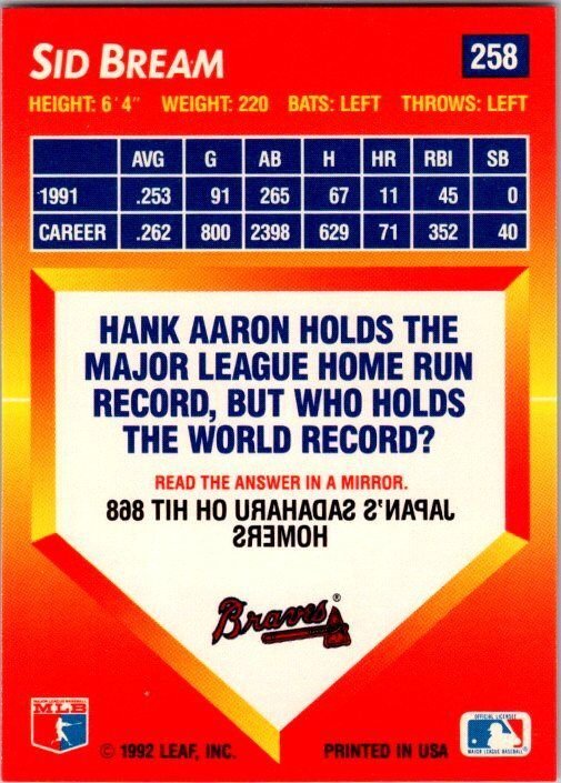 1992 Donruss Baseball Card Sid Bream Atlanta Braves