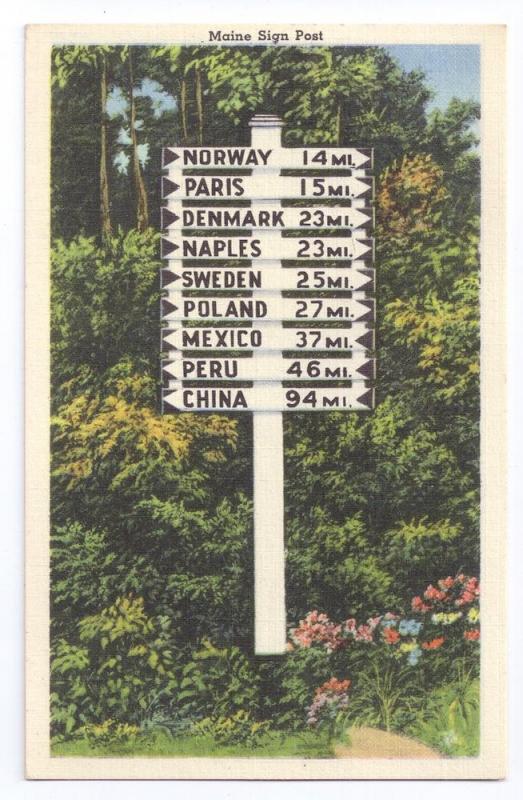 Maine Signpost 1940 Tichnor Linen