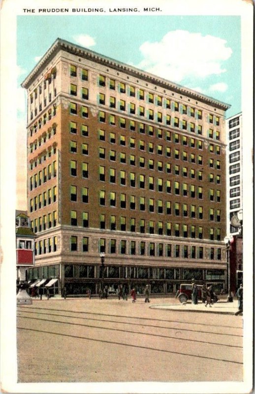 Lansing, MI Michigan  PRUDDEN BUILDING & Street Scene ca1920's Vintage Postcard