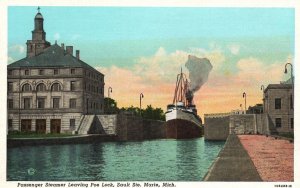 Vintage Postcard 1920's Passenger Steamer Leaving Poe Lock Ste. Marie Michigan