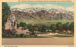 Vintage Postcard 1930's Wasatch Mts. Mormon Battalion Monument Salt Lake City UT