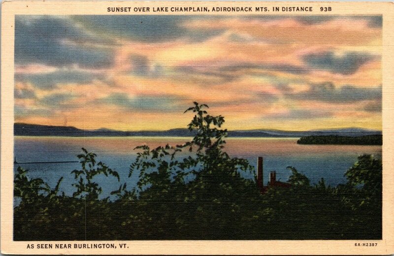 Sunset Lake Champlain Adirondack Mountains Linen Postcard VTG UNP Curt Teich 