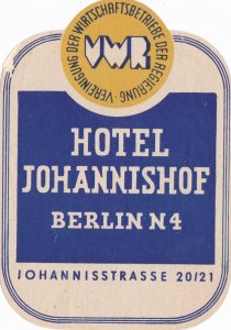 Germany Berlin Hotel Johannishof Vintage Luggage Label sk3783