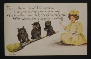 1915 F.A. Owen Co. Halloween Postcard Girl, Broomstick, Black Cats, Dalton, NY