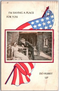 1918 Lover in Frame with U.S. Flag Saving a Place for You Posted Postcard