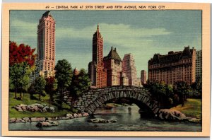 Postcard NY Central Park at 59th Street and Fifth Avenue